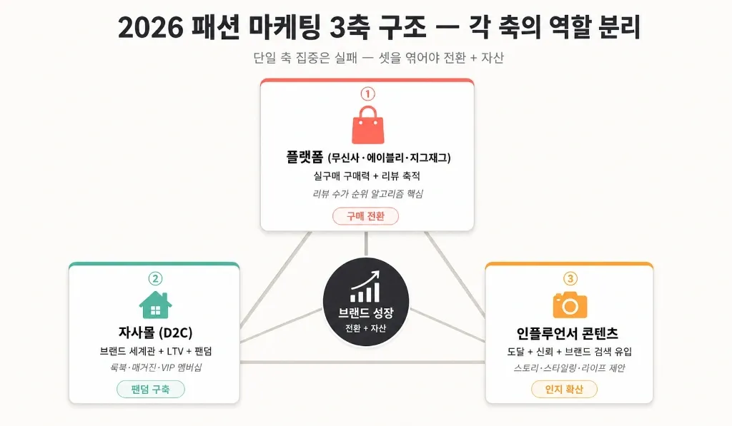패션·의류 브랜드 인플루언서 플레이북 — 무신사·에이블리·자사몰 3축에서 핏·리뷰·팬덤으로 전환 만드는 법 - 이미지 1